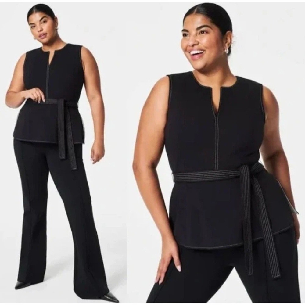 SPANX The Perfect Contrast Tie Waist Sleeveless Ponte Top Black Medium M 20770R